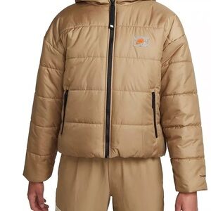 Nike Tan Puffer Jacket with Quilted Design and Stand-Up Collar